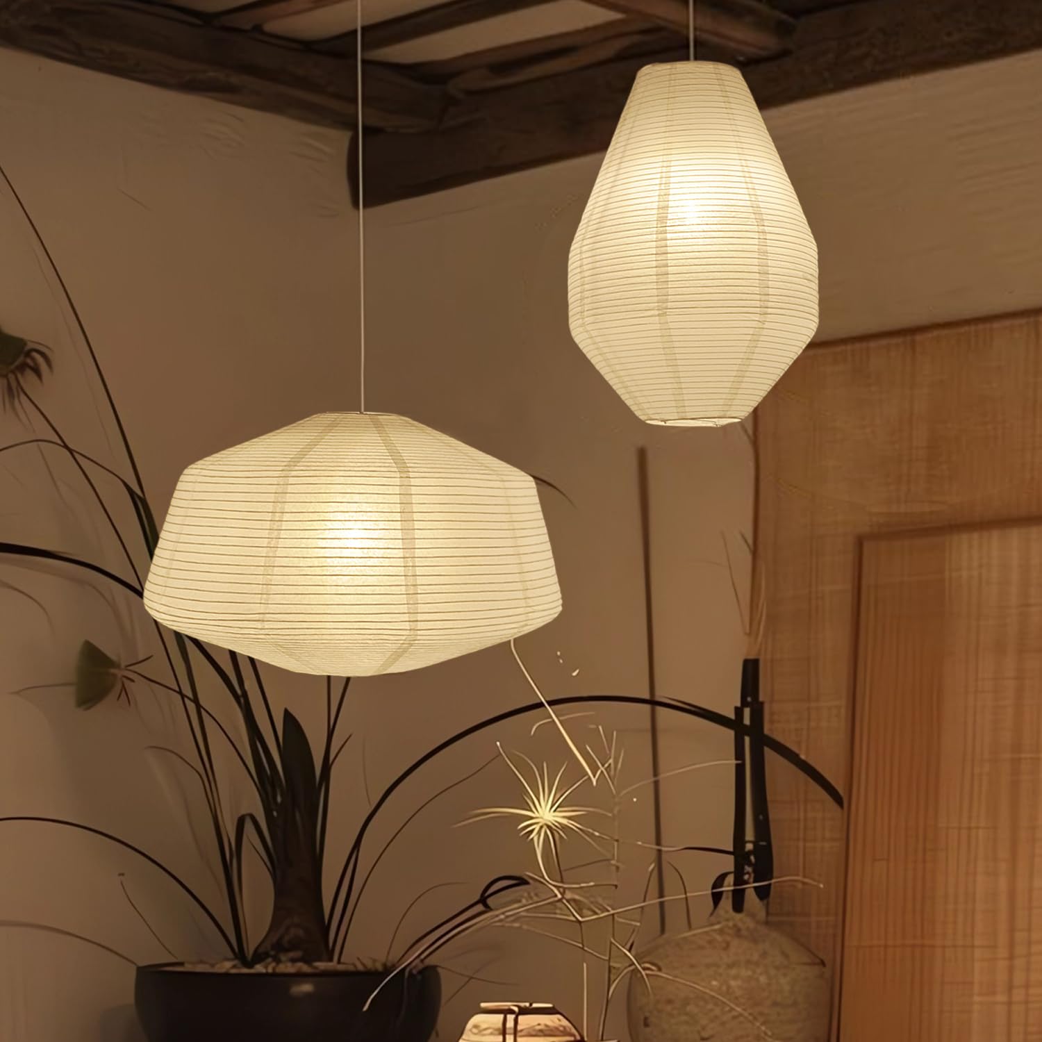 METHEDEECO 2PCS White Paper Lanterns – 19” & 14” Diamond Shape Hanging Pendant Lamp Shades, Large Handmade Rice Paper Light Shades for Living Room, Bedroom, Wedding, Gift Decor