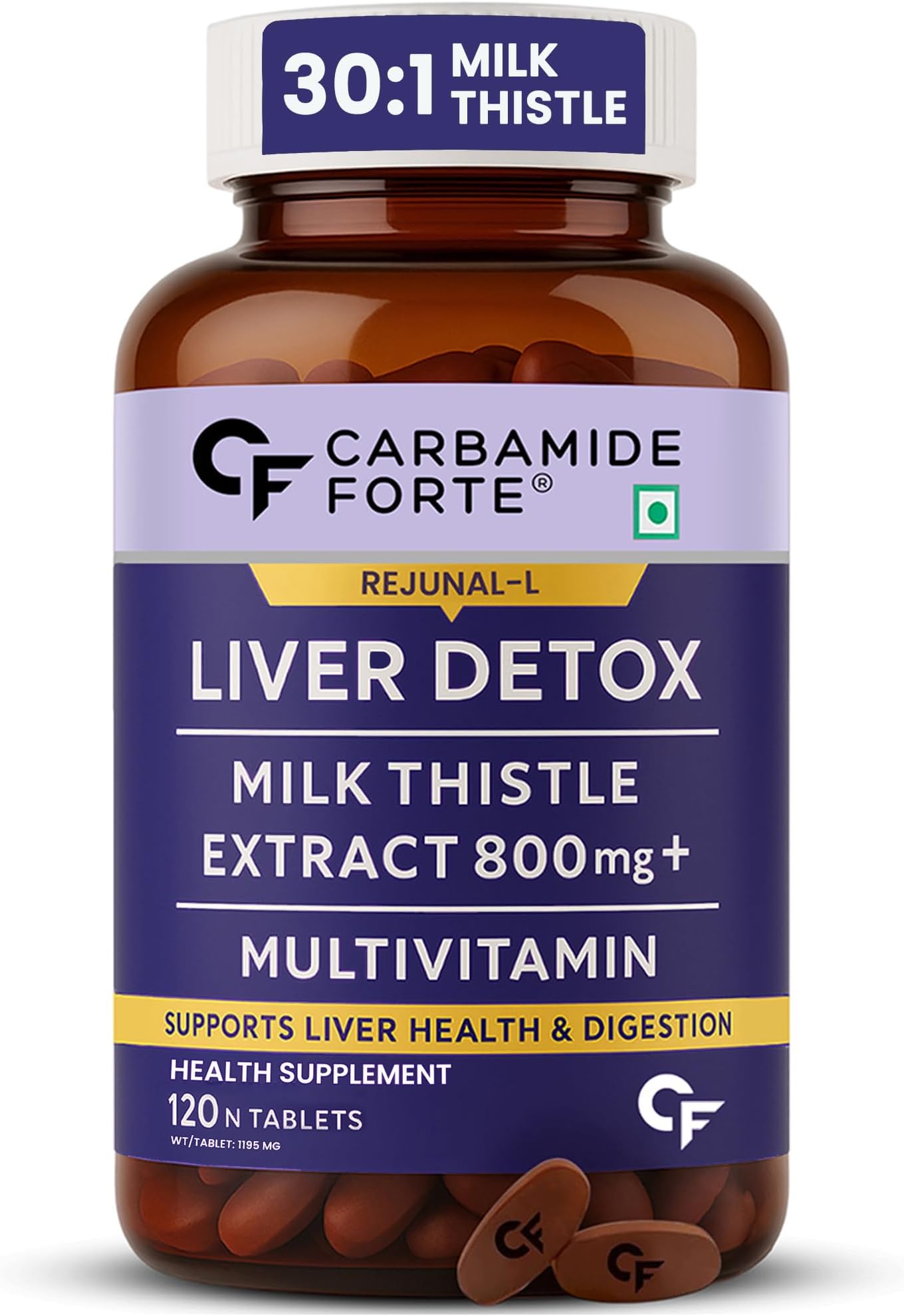 Carbamide Forte Liver Detox Supplement With Milk Thistle Extract 800mg | Fatty Liver Medicine With Liver Support | Multivitamin Milk Thistle For Men & Women | 120 Tablets