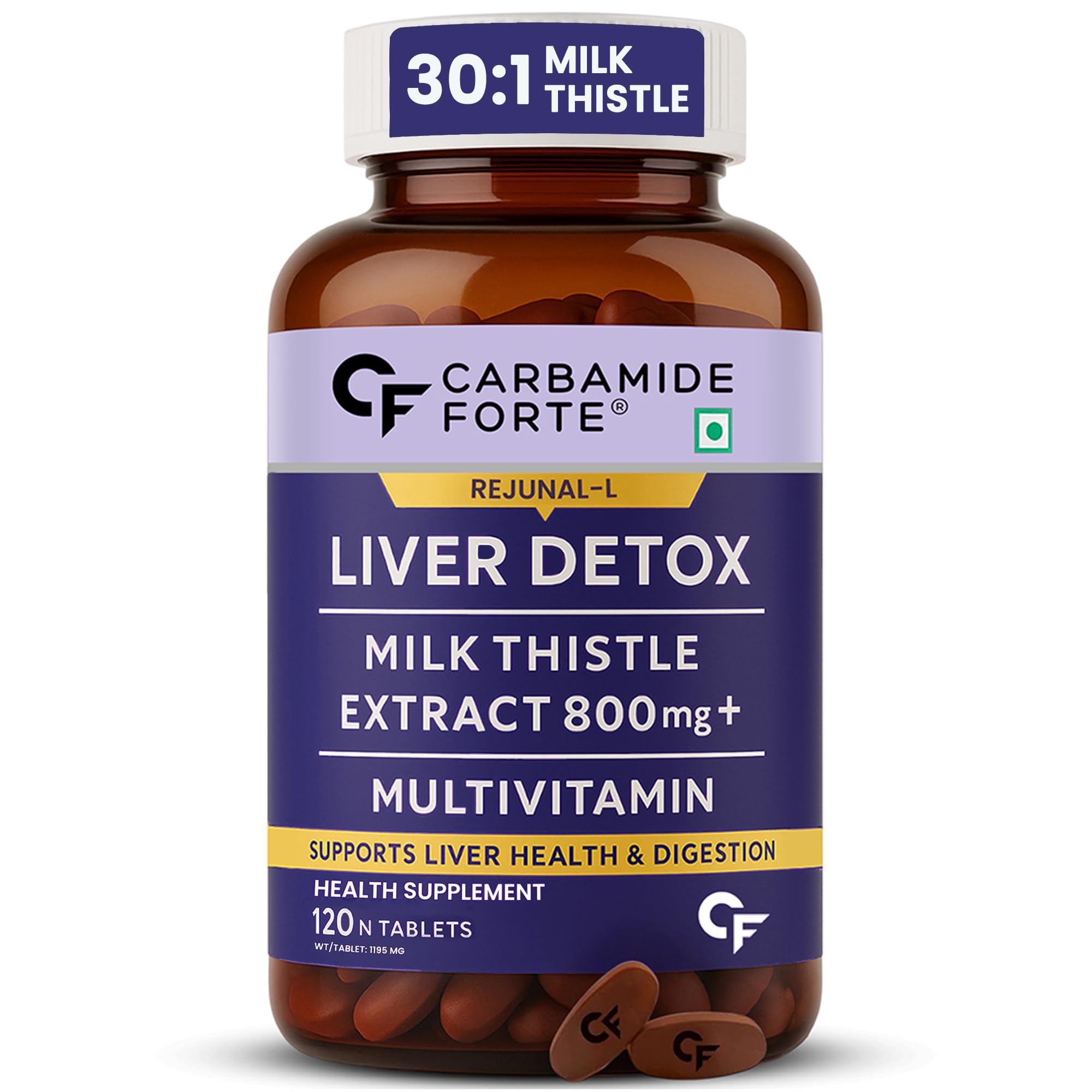 Carbamide Forte Liver Detox Supplement With Milk Thistle Extract 800mg | Fatty Liver Medicine With Liver Support | Multivitamin Milk Thistle For Men & Women | 120 Tablets