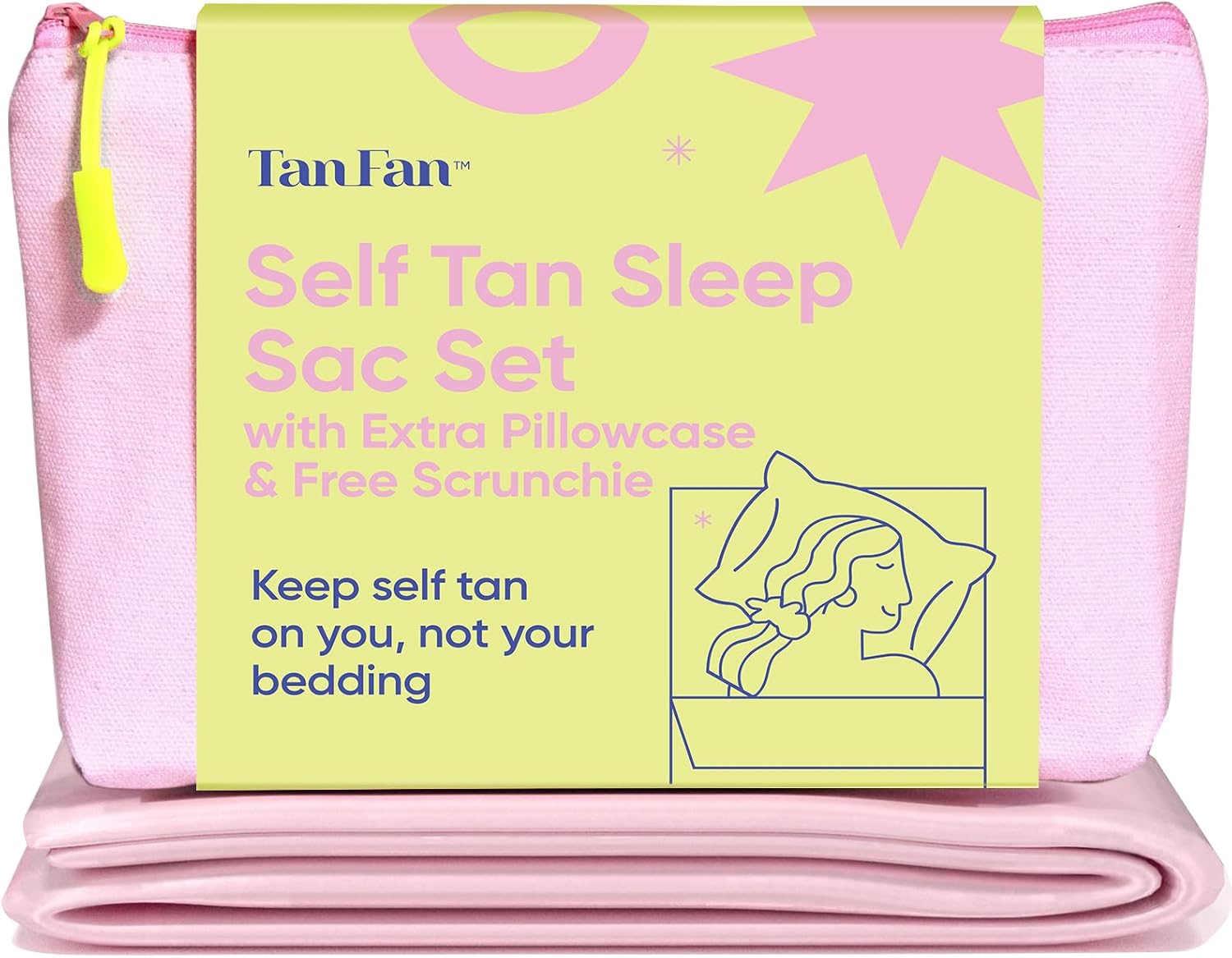 Self Tan Sleep Sac Bundle – Silky Bed Sheet Protector, Extra Pillowcase & Huge Scrunchie (Pink) - Protects Sheets from Tanner Stains – Washable, Cooling, Travel Friendly Gift - Large + Roomy