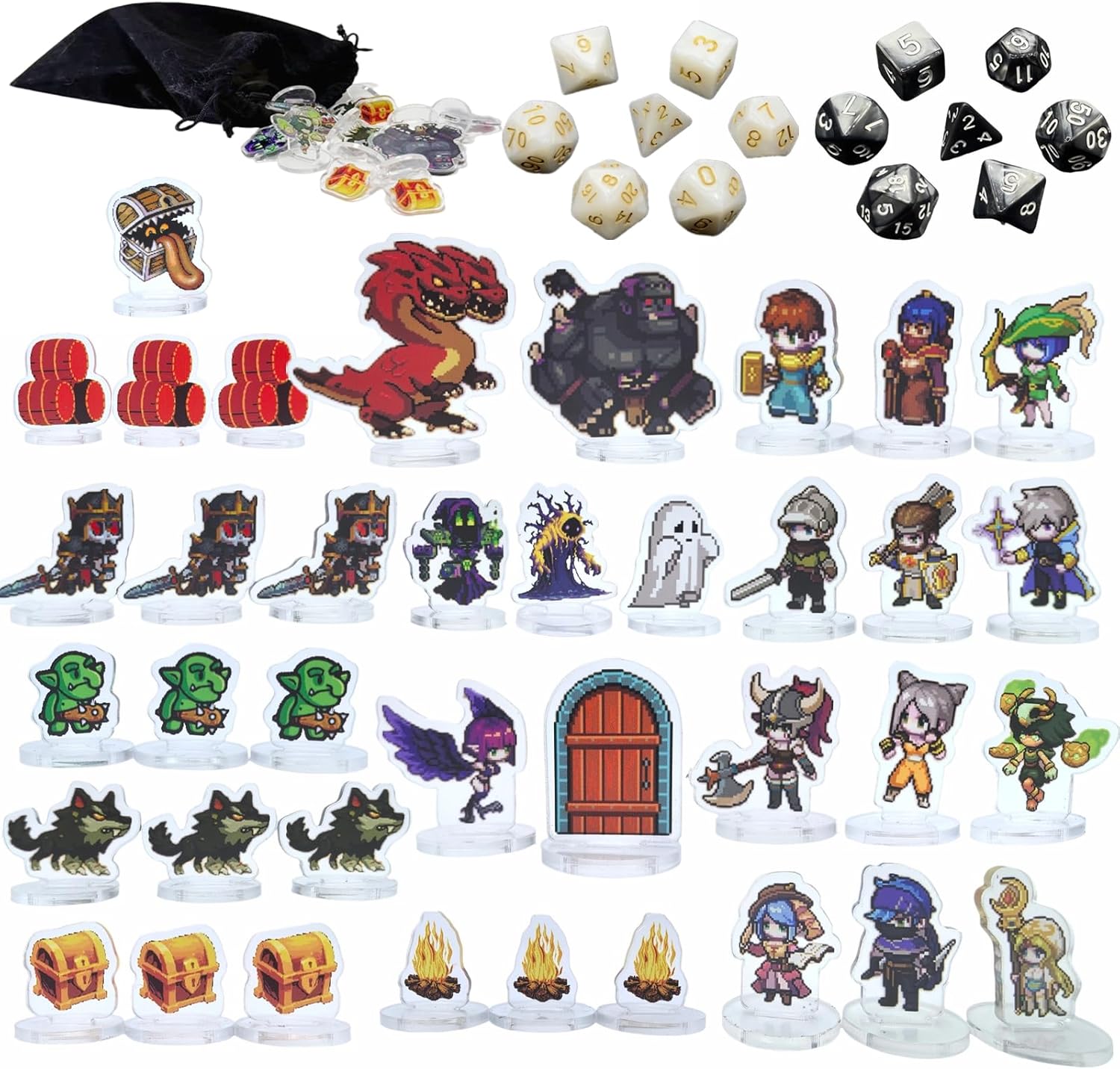 38pcs Acrylic Flat DND Miniatures with 2 Sets of D&D Dice and Pouch, DM Starter Set Unique Pixel Style Figures Miniatures for for DND Pathfinder and Other Tabletop RPG Games