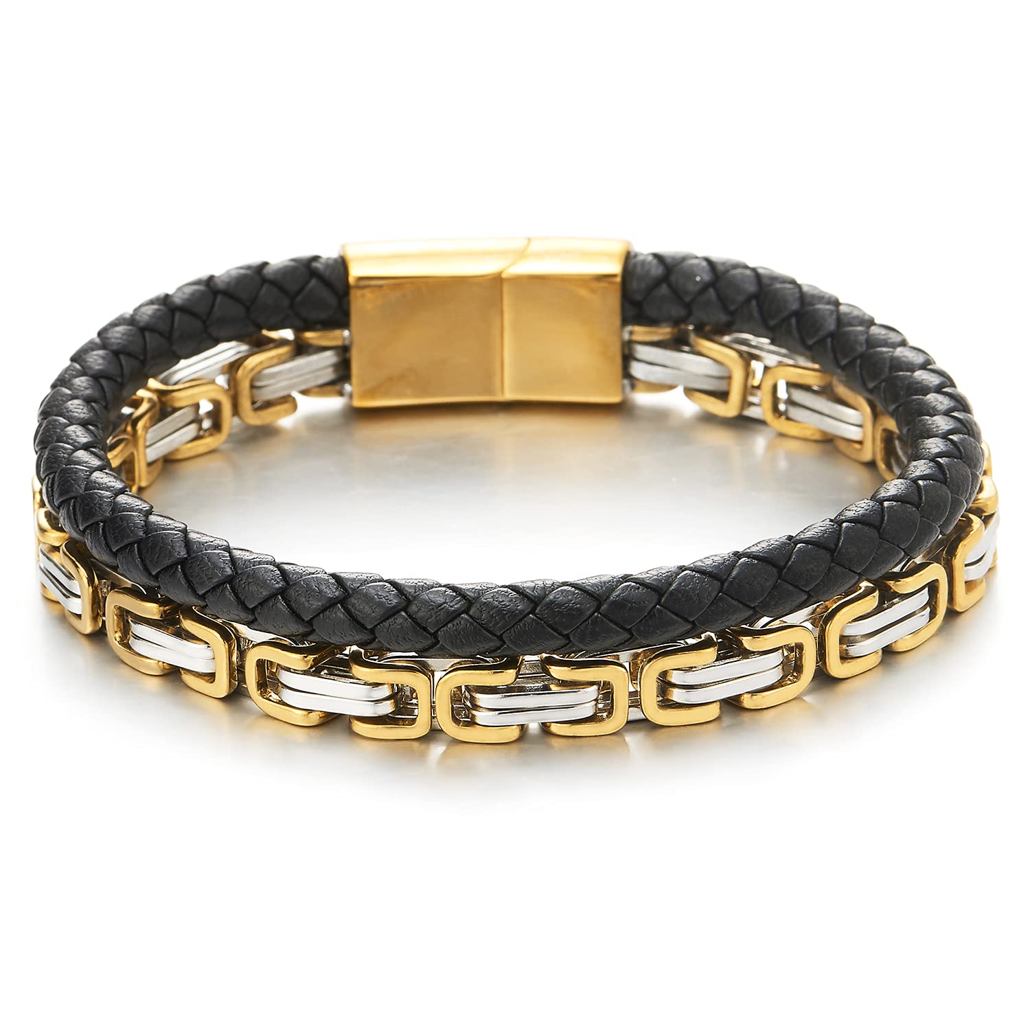 COOLSTEELANDBEYOND Mens Stainless Steel Silver Gold Byzantine Chain Black Braided Leather Two-Row Bracelet