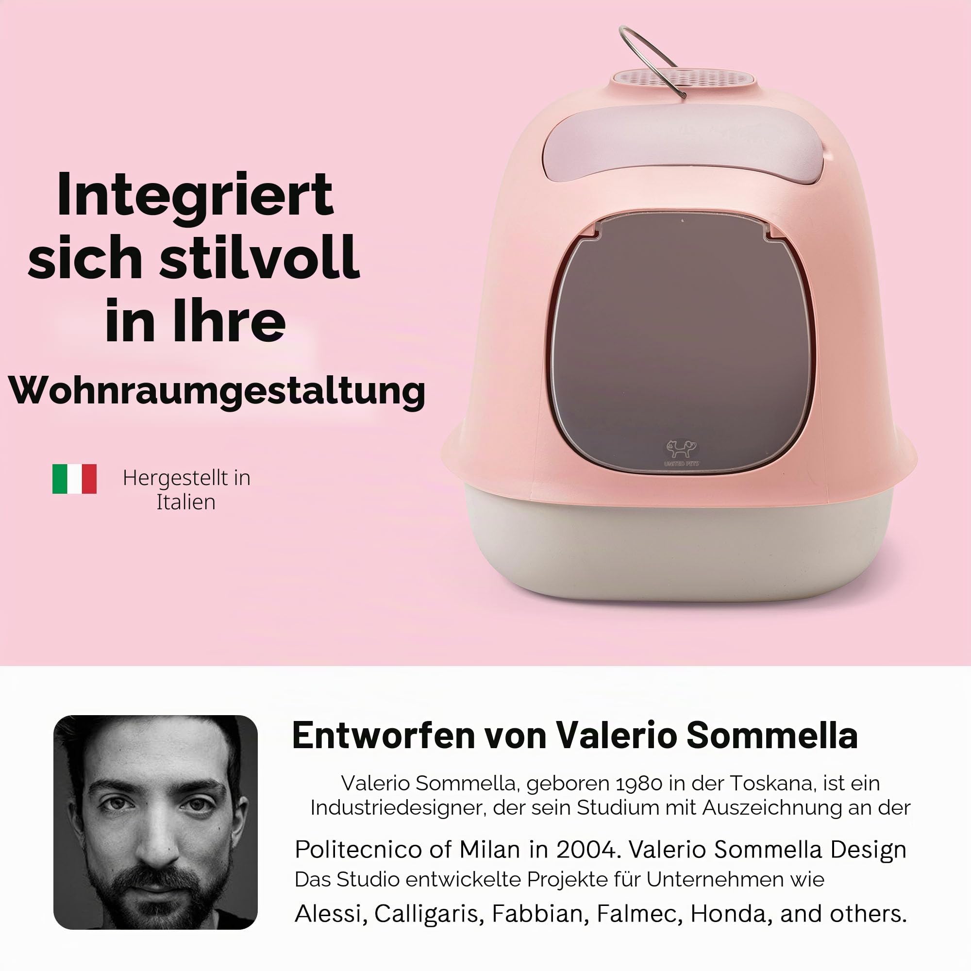 United Pets Minu, Katzentoilette mit Abdeckung, Made in Italy, Hellgrau/Rosa - Einheitsgröße