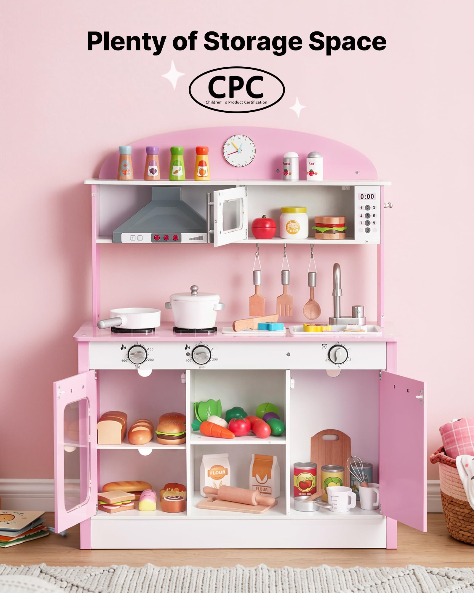 VEVOR Cucina Giocattolo per Bambini in Legno, con Luci e Suoni Realistici, Accessori Cibo e Pentole, Macchina per Ghiaccio, Cappa Aspirante e Forno a Microonde, Gioco di Ruolo, per Bambini 3-8 Anni