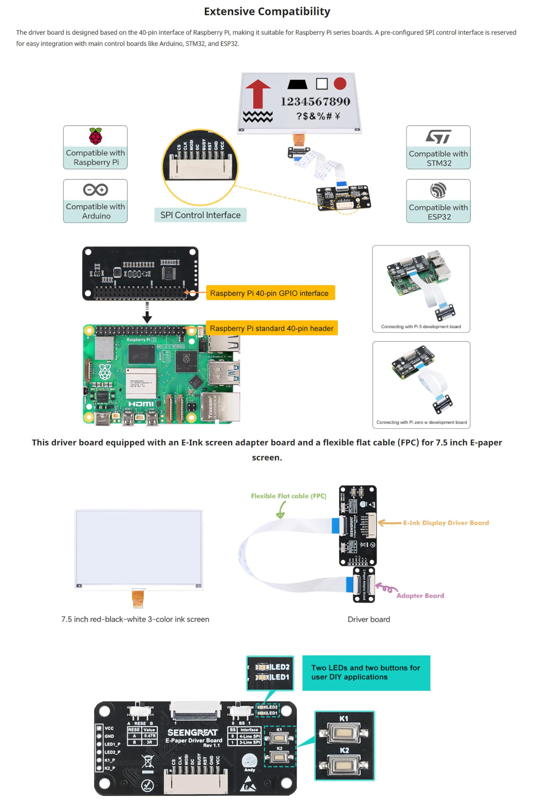 7.5 Inch E-Paper Display 3 Color (Black White Red), 800x480 SPI E-Ink Screen Module, Partial/Fast/Full Refresh, 3.3V/5V Level Shifter, Compatible with Raspberry Pi, ESP32, STM32, for Arduino