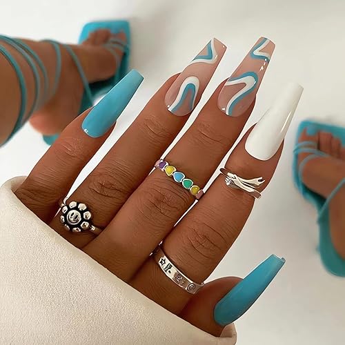 Miniatura 8 de 24 uñas postizas acrílicas largas a presión con pegamento blanco brillante gris para mujer cubierta completa purpurina plateada exquisitos diseños