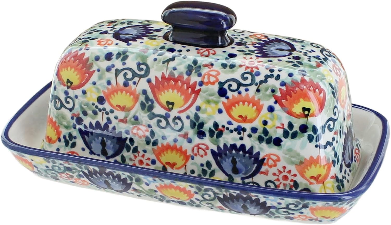 Blue Rose Polish Pottery - Green Desert Oasis Butter Dish - Fits 1 Stick - Butter Dish for Countertop Organization and Storage