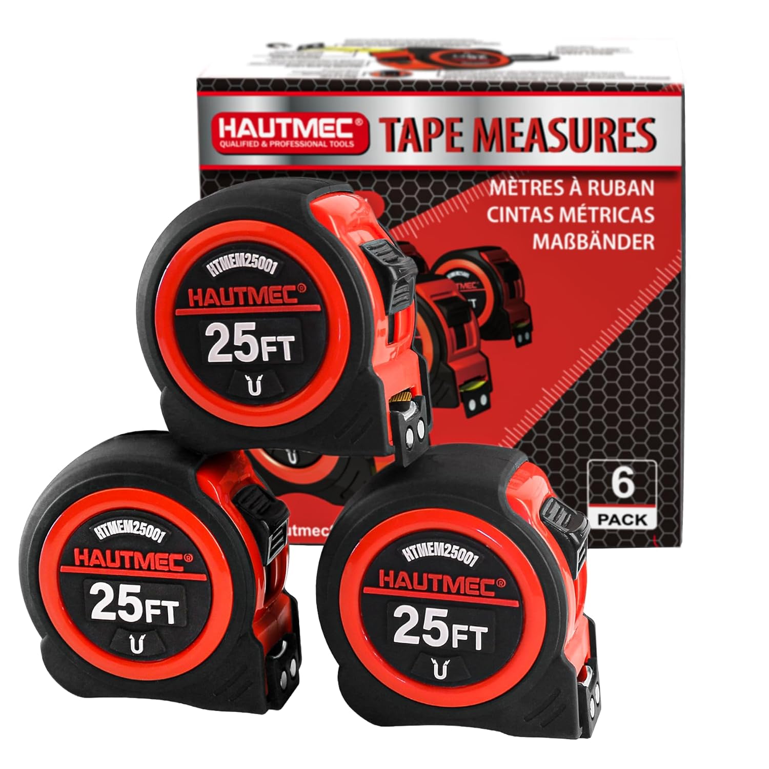 HAUTMEC 25 Ft Heavy Duty Tape Measure with Fractions & Magnetic Hook, 6-Pack Professional Retractable Measuring Tape for Construction, Carpentry, Contractors, Workshop & DIY 25001