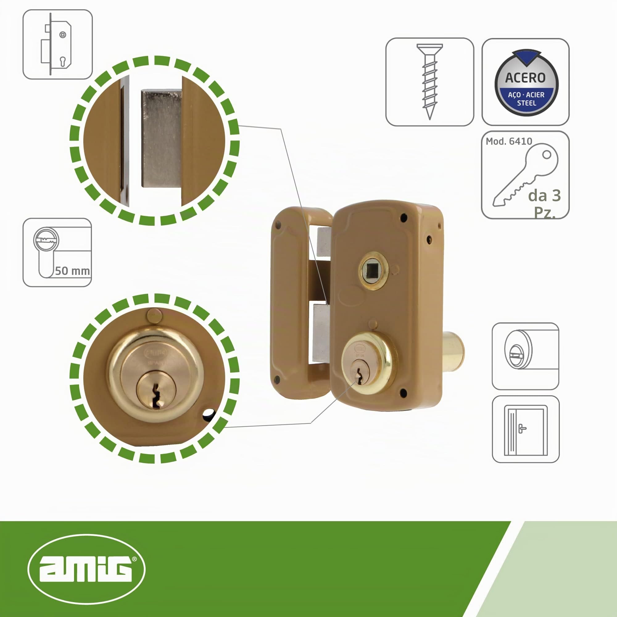 Amig - Serratura da sovrapposizione a sinistra con leva di chiusura e linguetta per porte in legno Mod. 75UN 76 x 120 mm Cilindro rotondo di sicurezza acciaio dorato