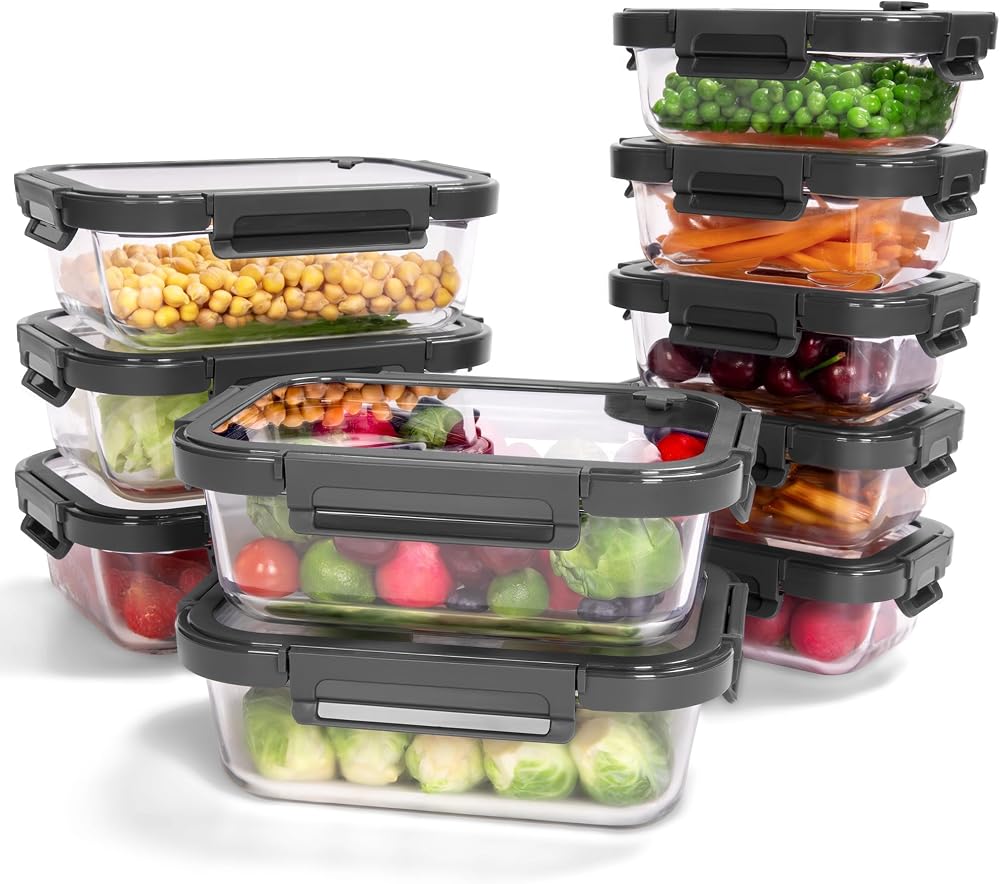 10-Pack Glass Food Storage Containers with Tempered Glass Lids – Borosilicate, Airtight, Oven-Safe (-4°F~950°F), BPA-Free, 4.4 & 1.6 Cup, Leak-Proof, Dishwasher Safe (Gray)