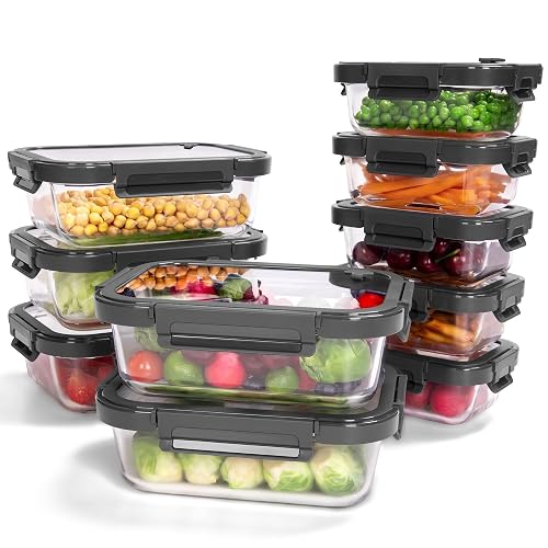 BOROHOUSE 10-Pack Glass Food Storage Containers with Tempered Glass Lids – Borosilicate, Airtight, Oven-Safe (-4°F~950°F), BPA-Free, 4.4 & 1.6 Cup, Leak-Proof, Dishwasher Safe (Gray)