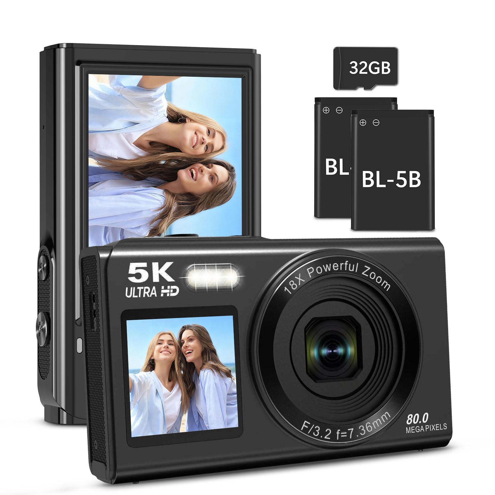 5K Dual Screens Digital Camera for Photography, NIKICAM 80MP Vlogging Camera for YouTube with 16X Digital Zoom,Flash,32GB TF Card & 2 Batteries,Portable Camera for Kids Teens Adult(Black)