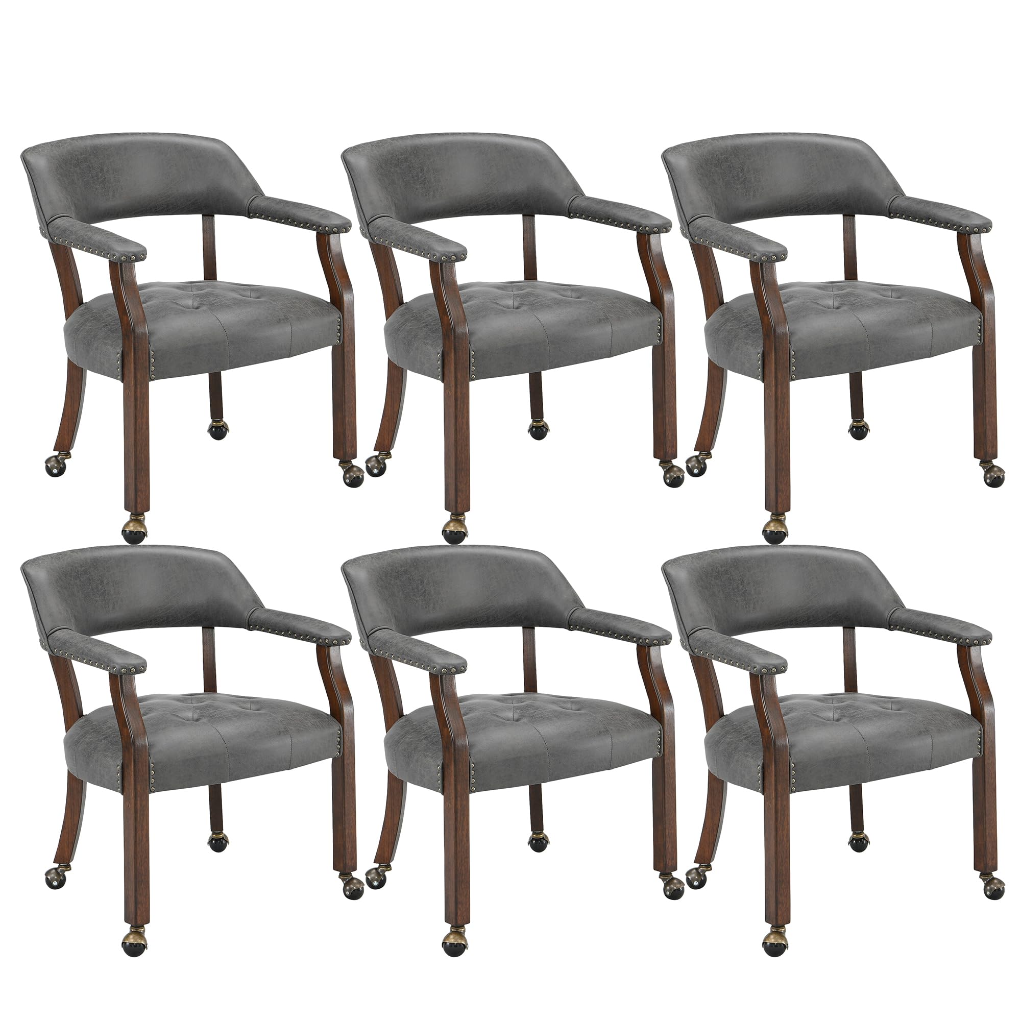 LEEMTORIG Set of 6 Rolling Dining Chairs with Arms, Cherry Legs & Dark Grey SY-1533-GY