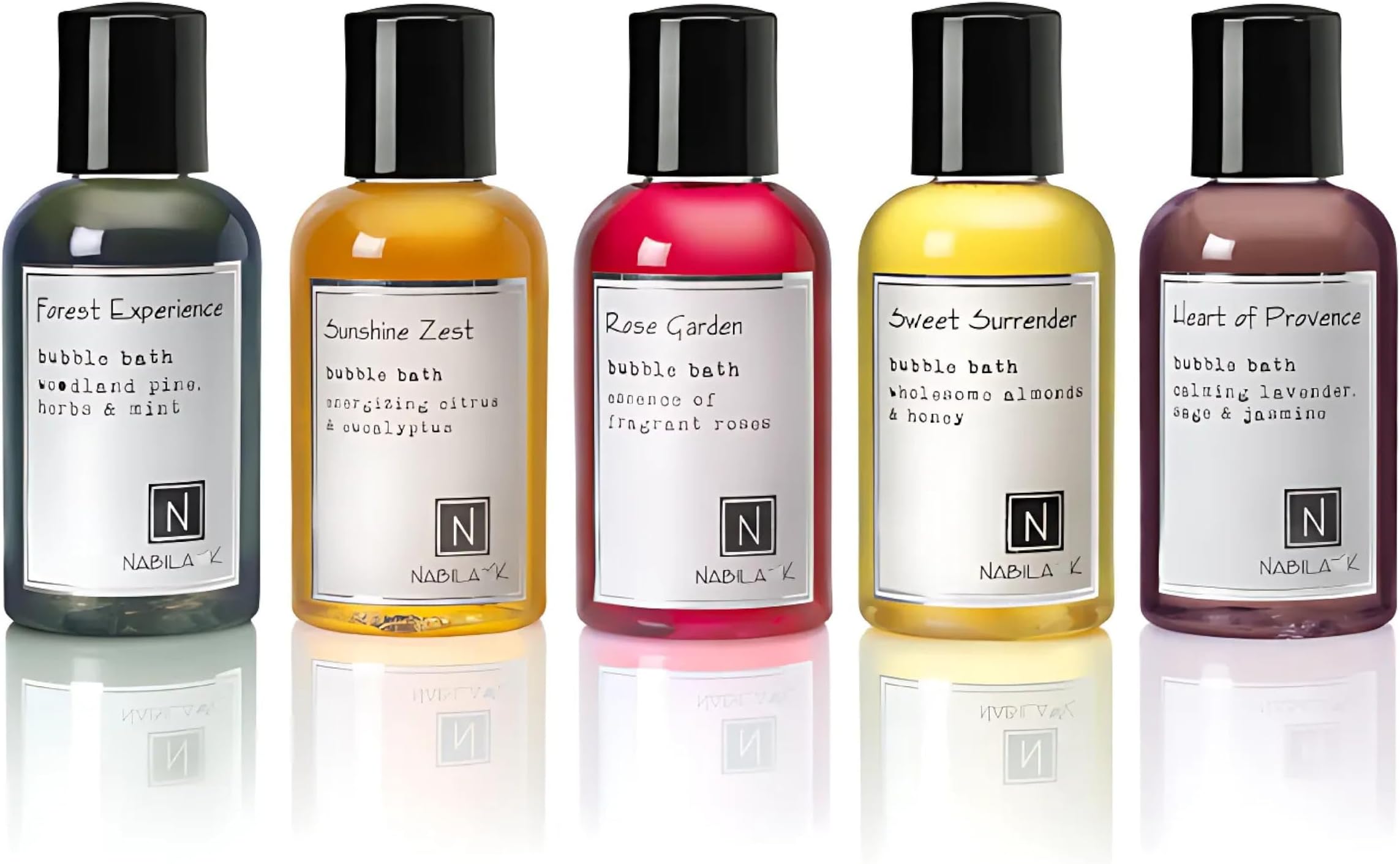 Assorted Travel Size Bubble Bath Collection (Set of 5) by Nabila K - Forest Experience, Sunshine Zest, Rose Garden, Sweet Surrender, Heart of Provence - Essential Oils with Natural Ingredients - 2 oz