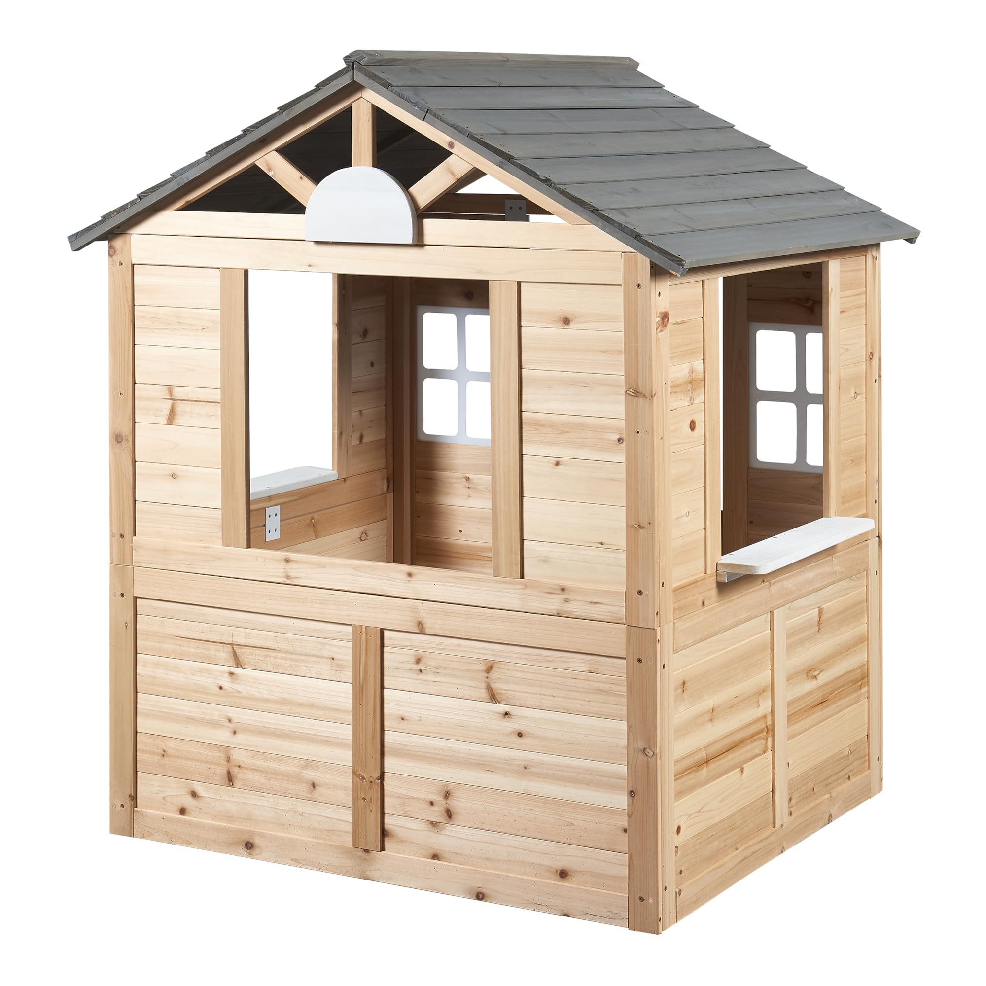 casa.pro Casa de Juegos Acciano con Jardineras Casita para Niños con Ventanas y Puerta Abatible Casa de Madera para Exterior y Jardín de Madera de Abeto 131x113x97 cm - Natural/Gris