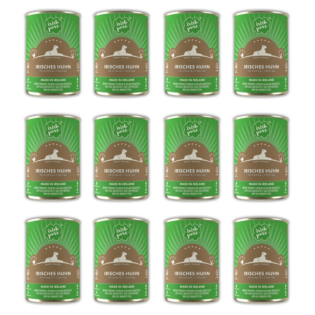 Irish Pure Comida húmeda Premium Senior para Perros, 12 x 390 g, Pollo irlandés, vitaminas, sin Cereales, Sensible, con superalimento Algas Kelp, Comida húmeda para Todas Las Razas