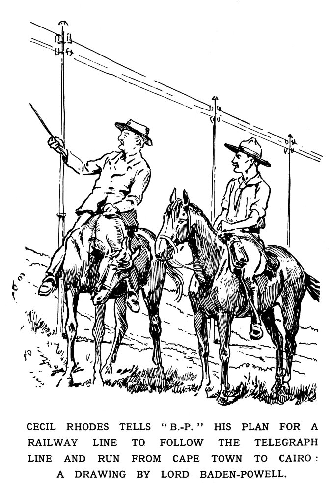Cecil John Rhodes N(1853-1902) British Administrator And Financier In South Africa Rhodes Telling Lord Robert Baden-Powell His Plan For A Railway Line To Follow The Telegraph Line And Run From Cape To