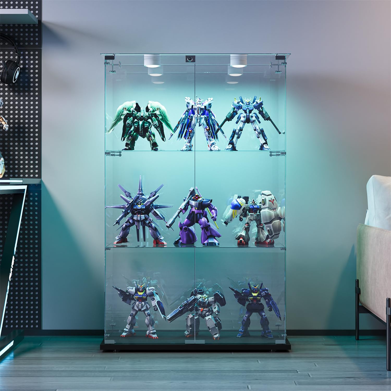 Vitrina de cristal con LED, vitrina expositora con 3 estantes de cristal, vitrina de salón moderna con 2 puertas y cerradura, vitrina expositora para coleccionismo (negro, 3 Etagen 2 Tür+LED-A)