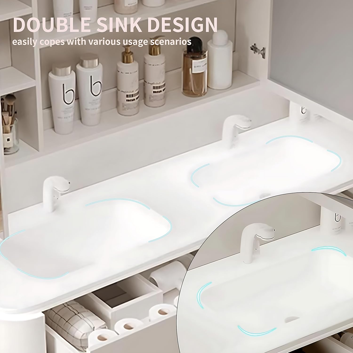 Bathroom Vanity - Double Sink Bathroom Vanity Includes Smart LED Defogging Mirror ? Diverse Storage Space ?White Large Solid Wood Bathroom Sink Cabinet (56'')