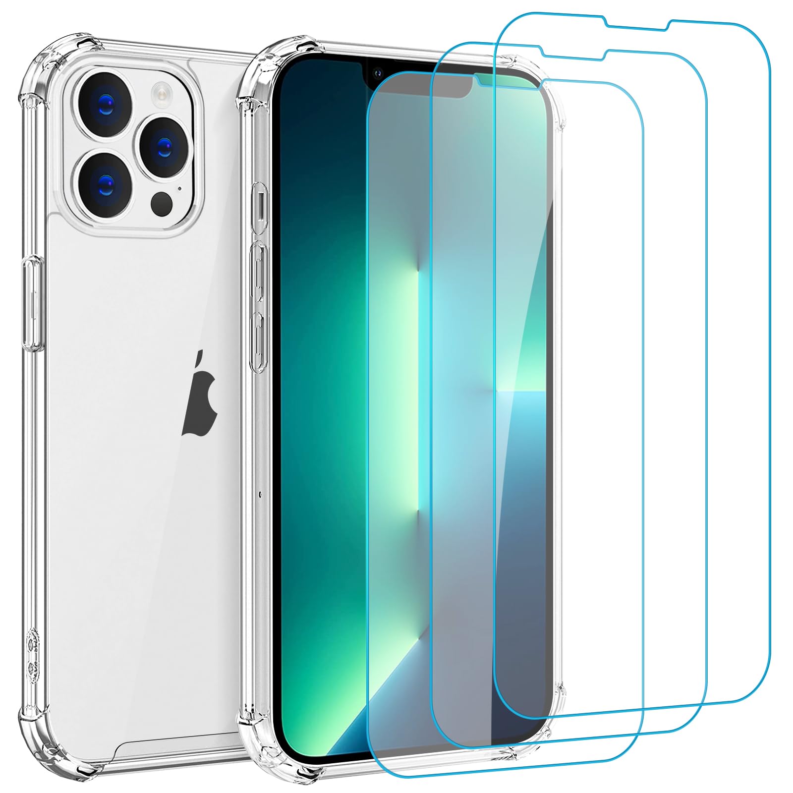 Whioltl Funda para iPhone 13 Pro Max con 3 protectores de pantalla de vidrio templado, funda transparente para teléfono, antiarañazos y absorción de golpes, funda básica transparente compatible con