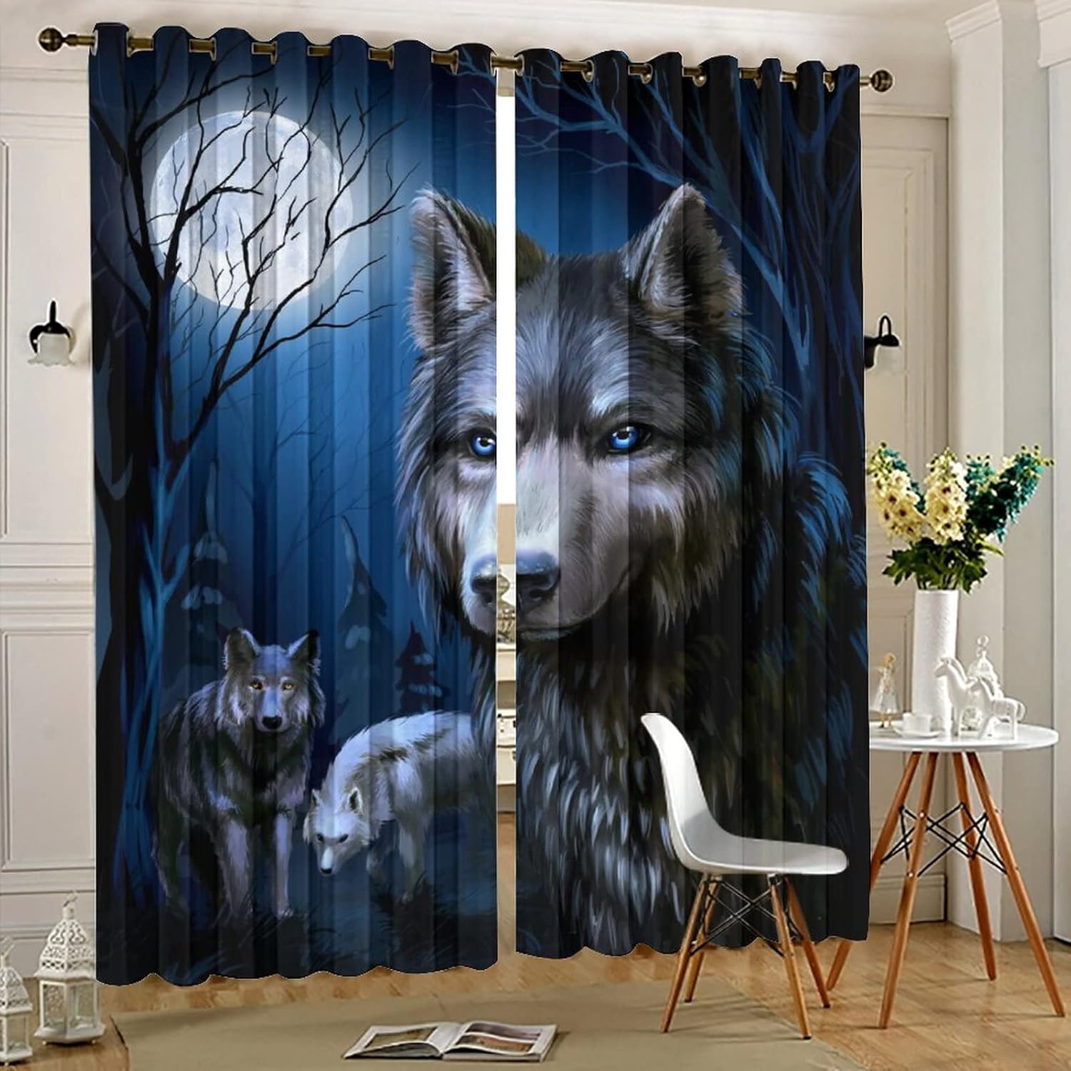 Wildlife Wolves Blackout Curtains for Living Room,Cartoon Forest Night Full Moon Cool Wolf Grommet Thermal Insulated Room Darkening Curtains 54L x 21W,2 Panels