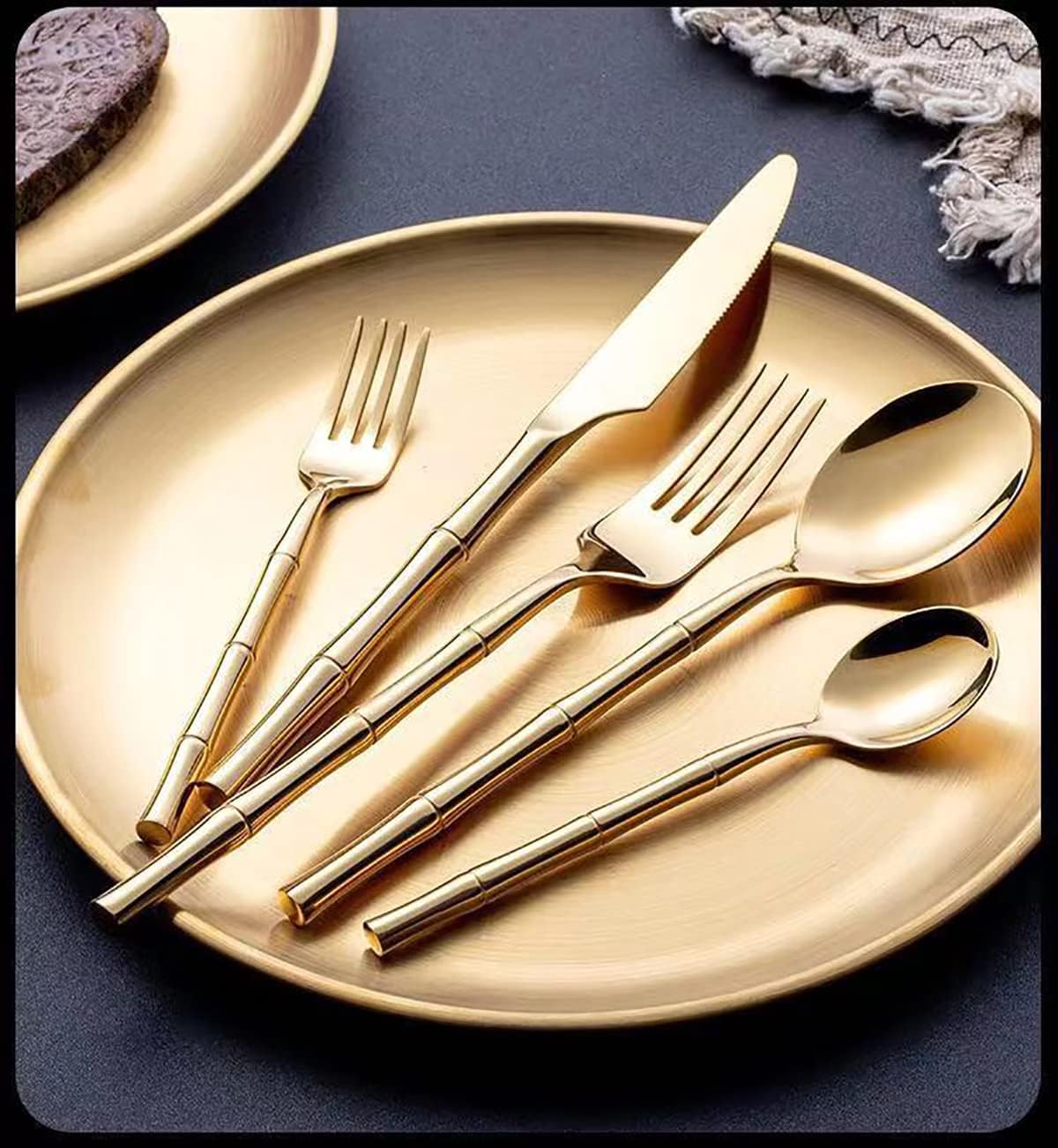40 Piece Gold Flatware Silverware Cutlery Sets, Home & Kitchen Bamboo Unique Modern Stainless Steel Dinnerware Tableware Utensils Sets for 8, Include Knives/Forks/Spoons Dishwasher Safe