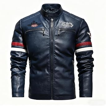 Mens Motorcycle Jacket Faux Leather Zipper Coat Cycling Windproof | pockets on both sides, the pockets can be closed, stand-up collar can be closed