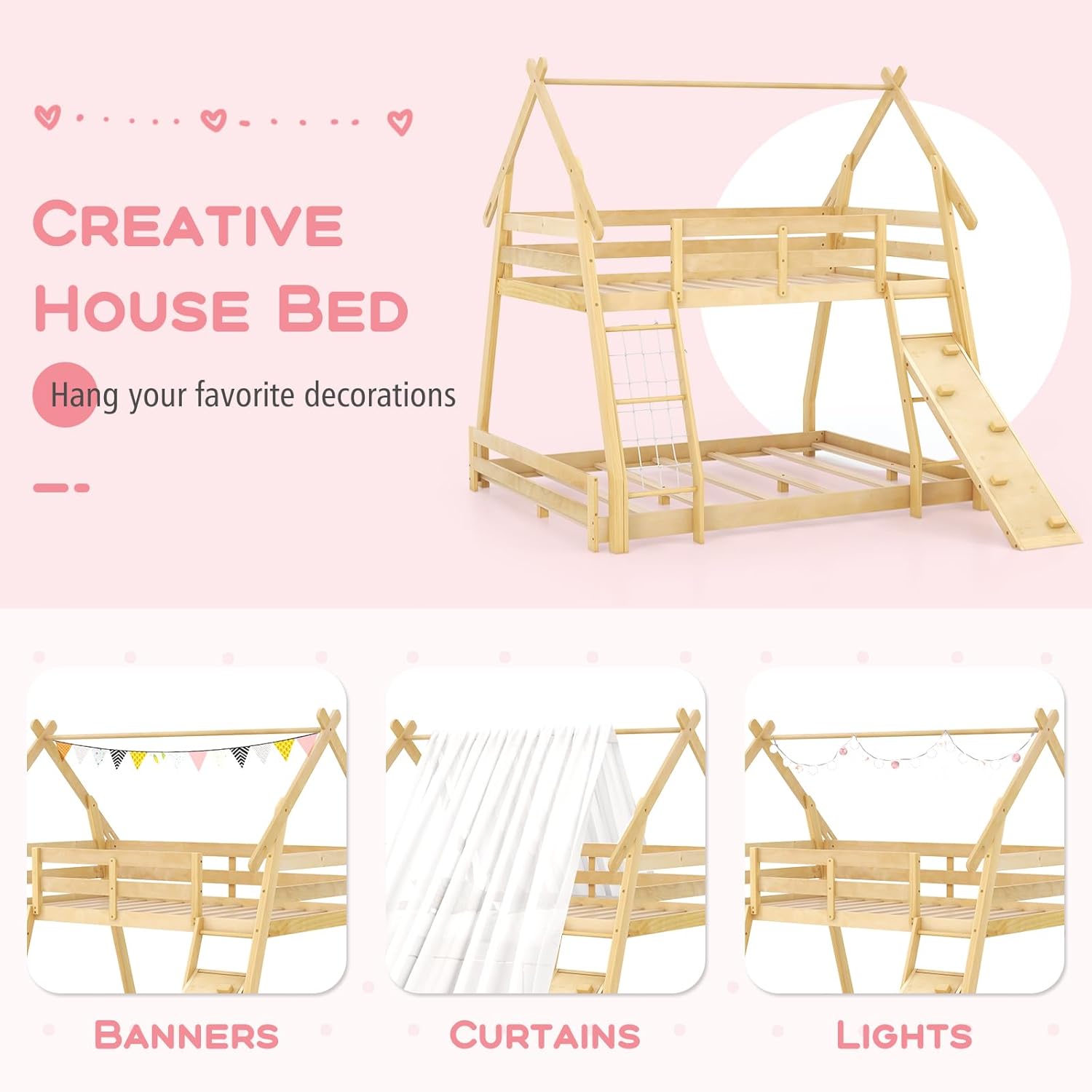 Costzon Twin Over Queen Bunk Bed, House Shaped Bed Frame with Climbing Nets and Ramp, Safety Guardrail, No Box Spring Needed, Wooden Kids Bed for Boys Girls (Natural, Twin Over Queen)