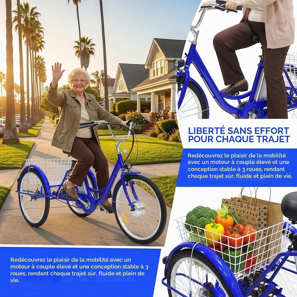 Tricycle Électrique pour Adultes,Roues De 24“,Vélo À Trois Roues pour Adultes Et Seniors,Tricycle Adulte,3 Modes De Conduite,Siège Réglable,Capacité De Charge De 180Kg,Conduite Fluide
