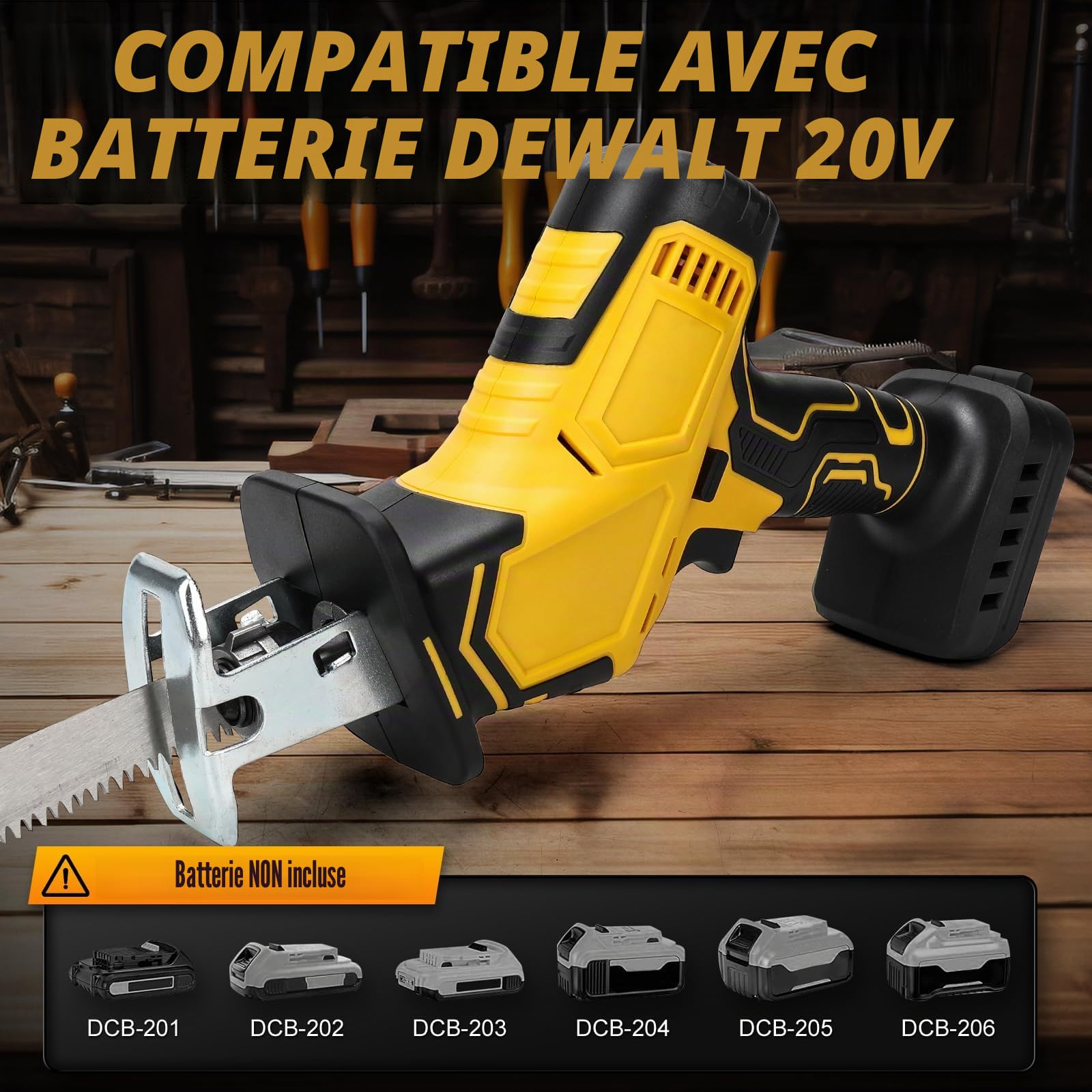 WingFly Scie sabre sans fil pour Dewalt 18 V, 20 V, 4 lames de scie | 2700 tr/min, scie sabre électrique avec variateur de vitesse en continu, peut être utilisée pour métal, bois (sans batterie)