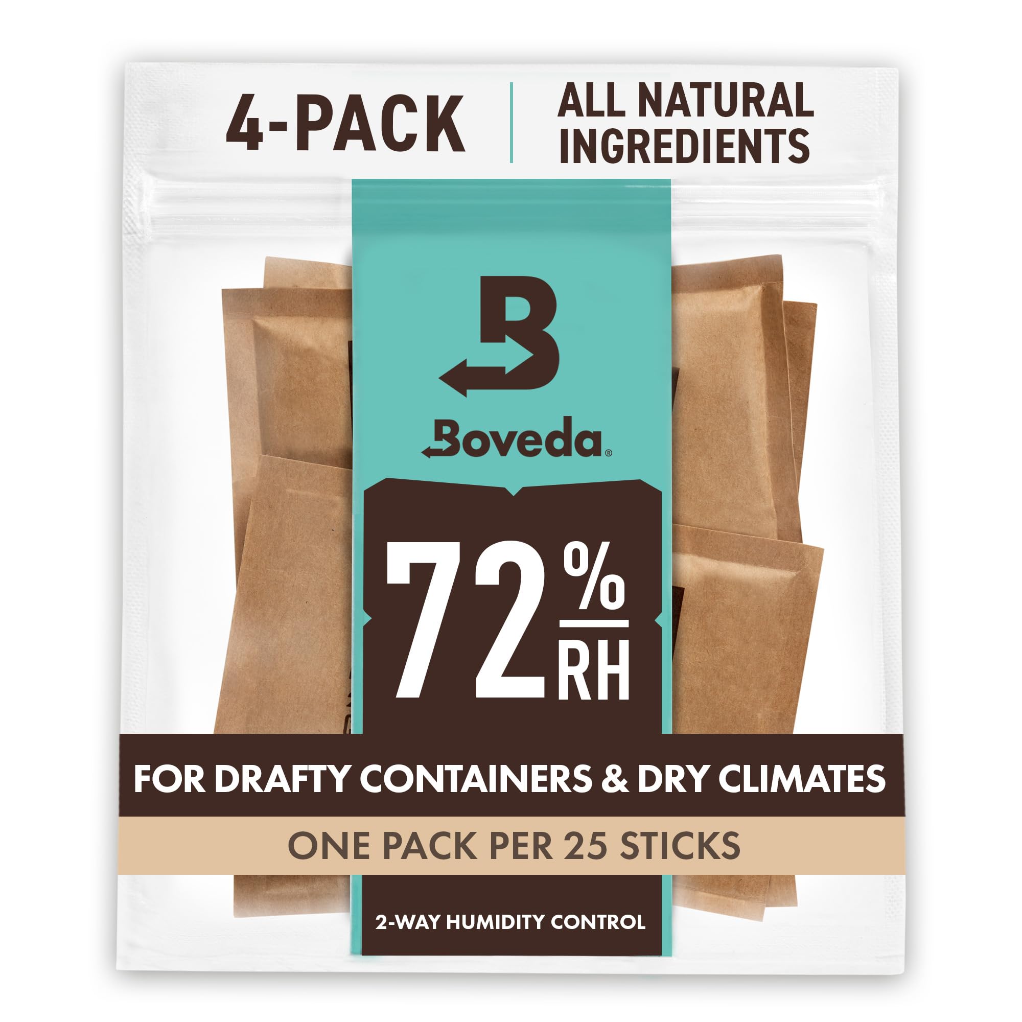 Boveda 72% Two-Way Humidity Control Packs For Wood Containers – Size 60 – 4 Pack – Moisture Absorbers – Humidifier Packs – Hydration Packets in Resealable Bag