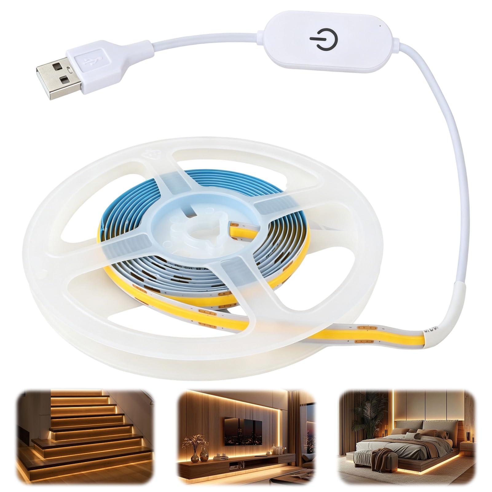 MeFay 2M USB COB LED Strip Lights Warm White 3000K Dimmable Flexible Tape Light with Touch Switch High Density Dotless Lighting for TV Backlight Bedroom Under Cabinet Kitchen Mirror Decor