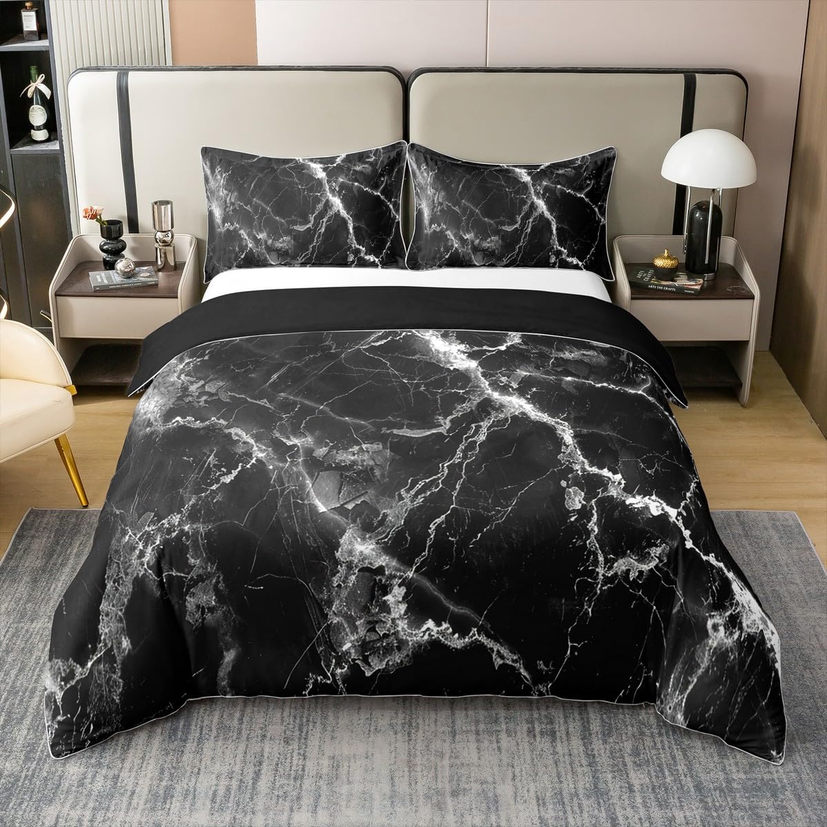 Housse de couette marbre noir en coton bio premium respirant parure de lit luxe Homewish 220x240