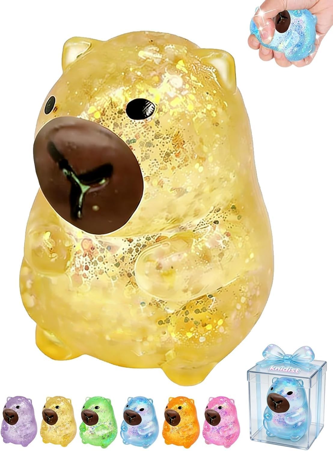 Capybara Squishy Glitter Animal Squeeze Balls Cute Capybara Stress Ball Anxiety Relief Slow Rise Adult Sensory Fidget Tool Gift Sparkling Desk Decor Collectibles Decompression Dough (Yellow)