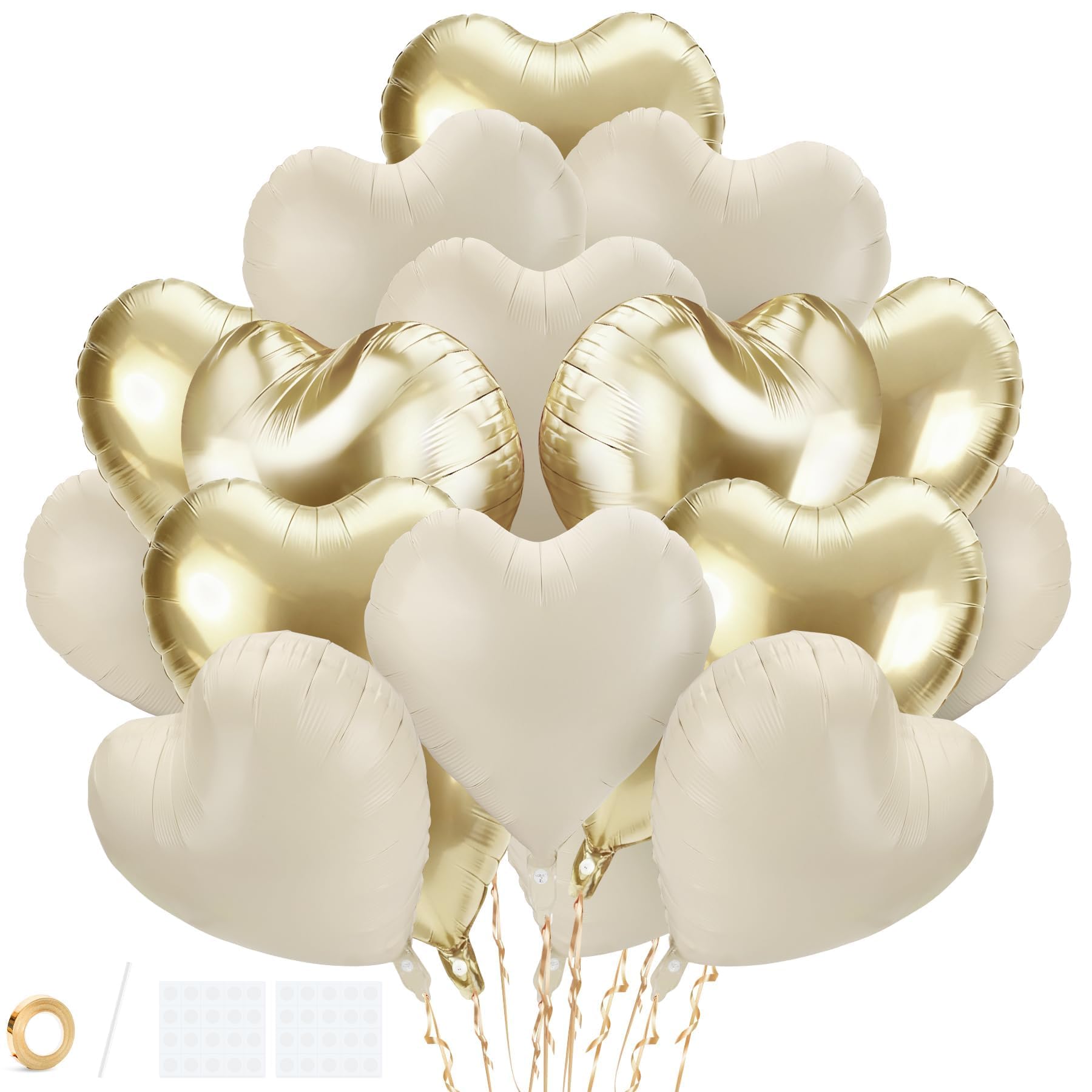24Pcs Light Gold Cream Heart Balloons, 18 Inch Champagne Gold Cream Heart Shaped Foil Balloons Decorations Kit for Valentines Wedding Engagement Birthday Anniversary Baby Shower Bridal