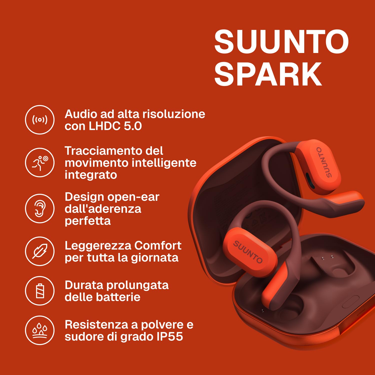 SUUNTO Spark Cuffie Open-Ear, Cuffie a Conduzione Aerea con Rilevamento Intelligente del Movimento, Feedback Audio Sulle Prestazioni, Resistente al Sudore IP55, 36 Ore con Custodia di Ricarica
