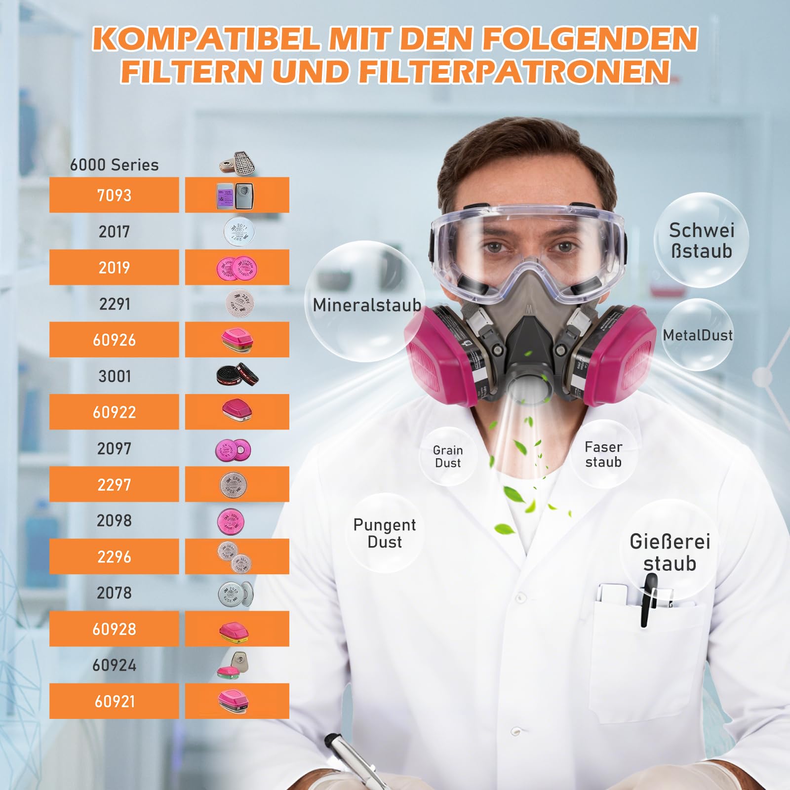 Wiederverwendbare Atemschutzmaske mit 60921 & 2097 Filter, Gasmaske Staubfilter und Schutzbrille für Lackieren, Feinstaub, Bauarbeiten, Schweißen, Schneiden, Labor, Landwirtschaft, Industrie