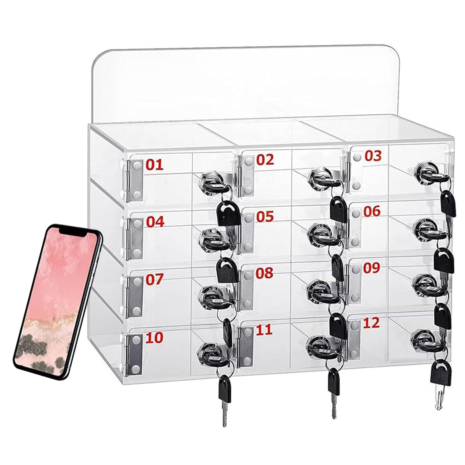 Mobile Phone Locker 12/24/36/48/60 Slots Mobile Phone Storage Cabinet with Carry Handle, Lock, Aluminium Wall Mounted or Desktop Management Box Suitable for School, Offices (Transparent, 12 Slot)