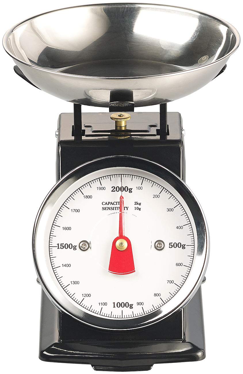 Rosenstein & Söhne Digital Kitchen Scales - bilancia da cucina meccanica: Analogico Bilancia da cucina retrò, fino a 2 kg, Funzione tara, involucro in metallo nero (retrò, vecchio)
