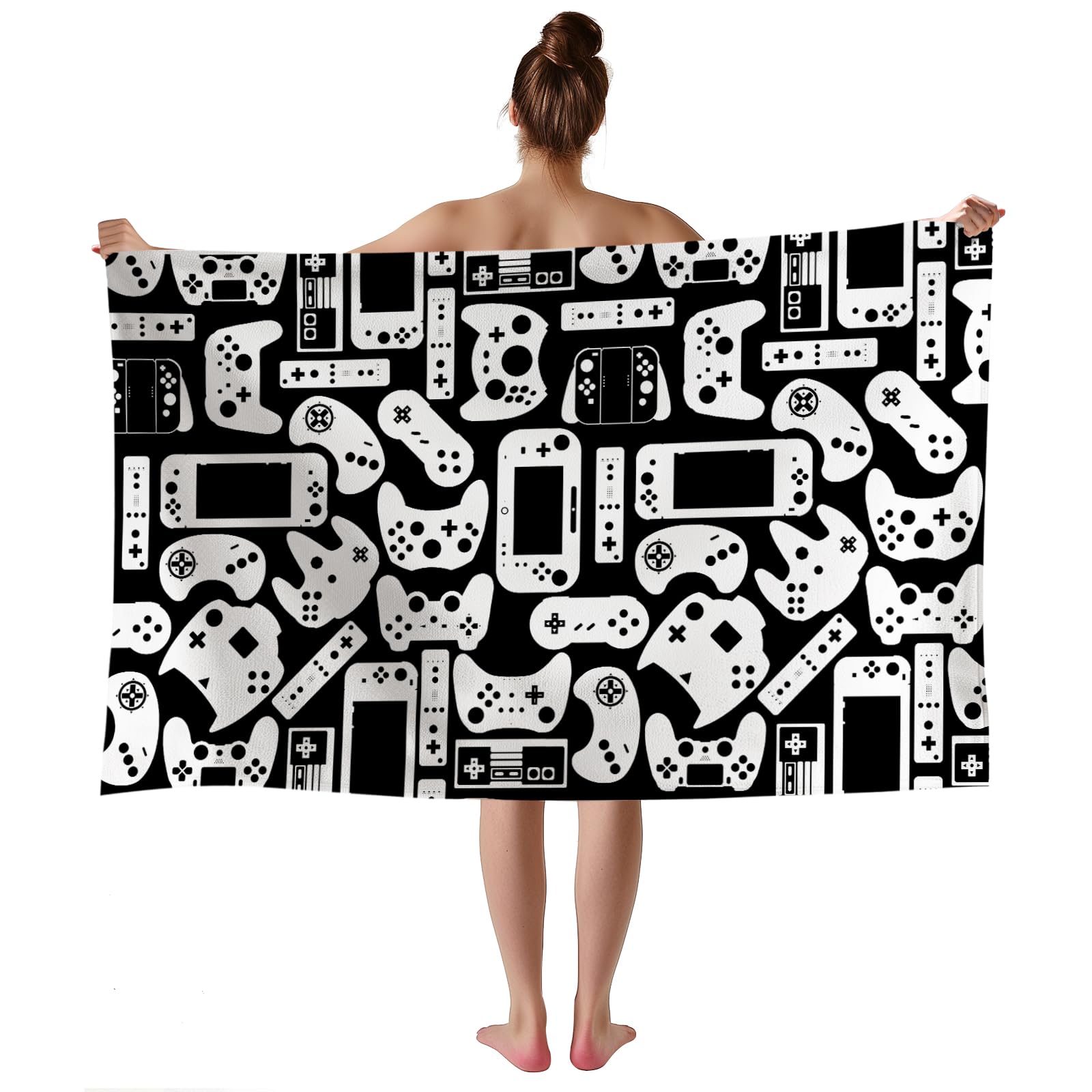 WZOMT Funny Video Game Beach Towel Gaming Towel for Kids Boys, Black and White Gamer Joystick Bath Towels, Gamer Gifts for Boys, Quick Dry Microfiber