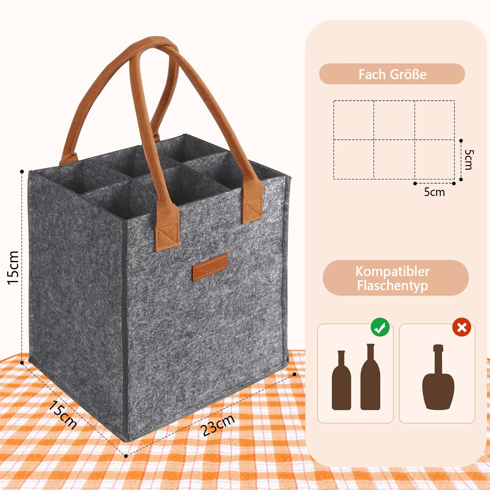 torba z filcu na 6 butelek, torba na butelki z kieszonkami, wielokrotnego użytku torba na napoje, kosz na butelki na imprezę, podróż, piknik dla butelek wina, butelek piwa, butelek wody