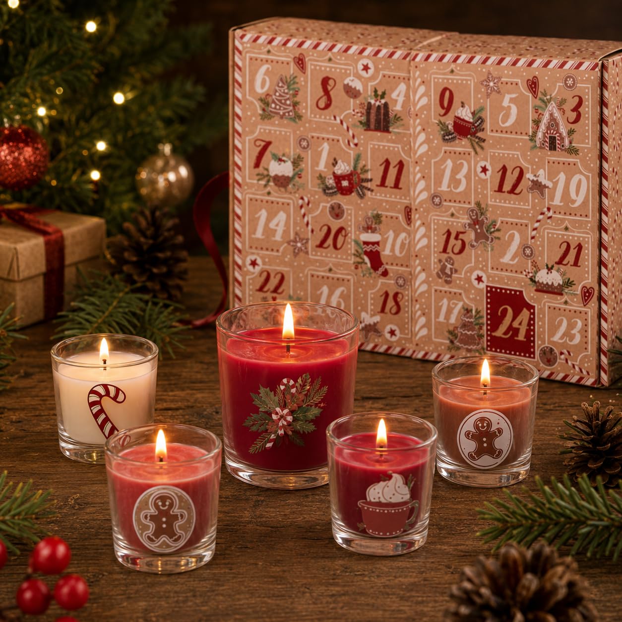 Luxuriöser Adventskalender mit 24 Duftkerzen – Aufklappbarer Weihnachts-Adventskalender für Erwachsene – Adventskalender mit Kerzen – Rot