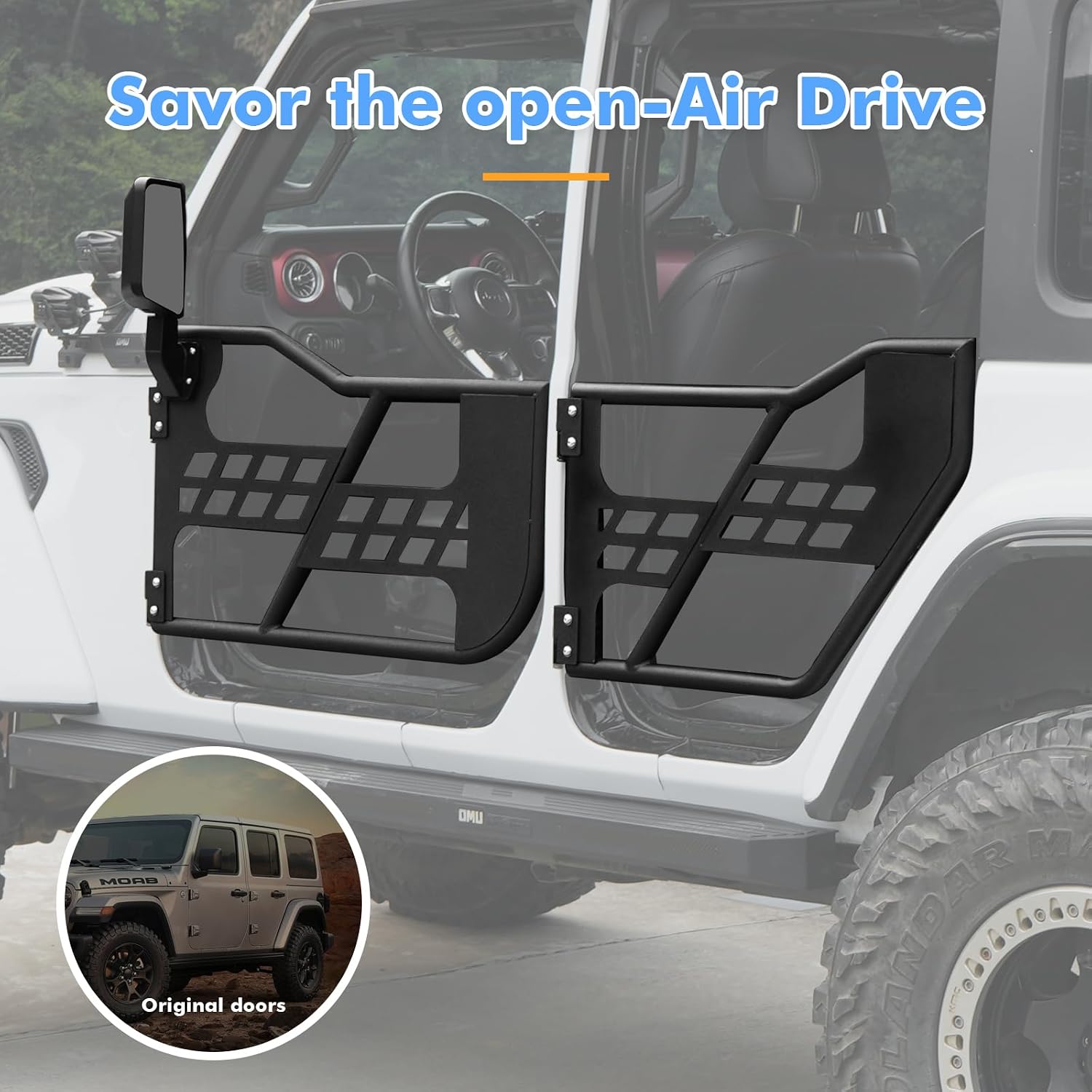 Tube Half Doors with Side View Mirrors Compatible with 2007–2018 Jeep Wrangler JK JKU Unlimited 4-Door, Heavy Duty Steel Tubular Off-Road Trail Doors, Textured Black, Easy Bolt-On Installation
