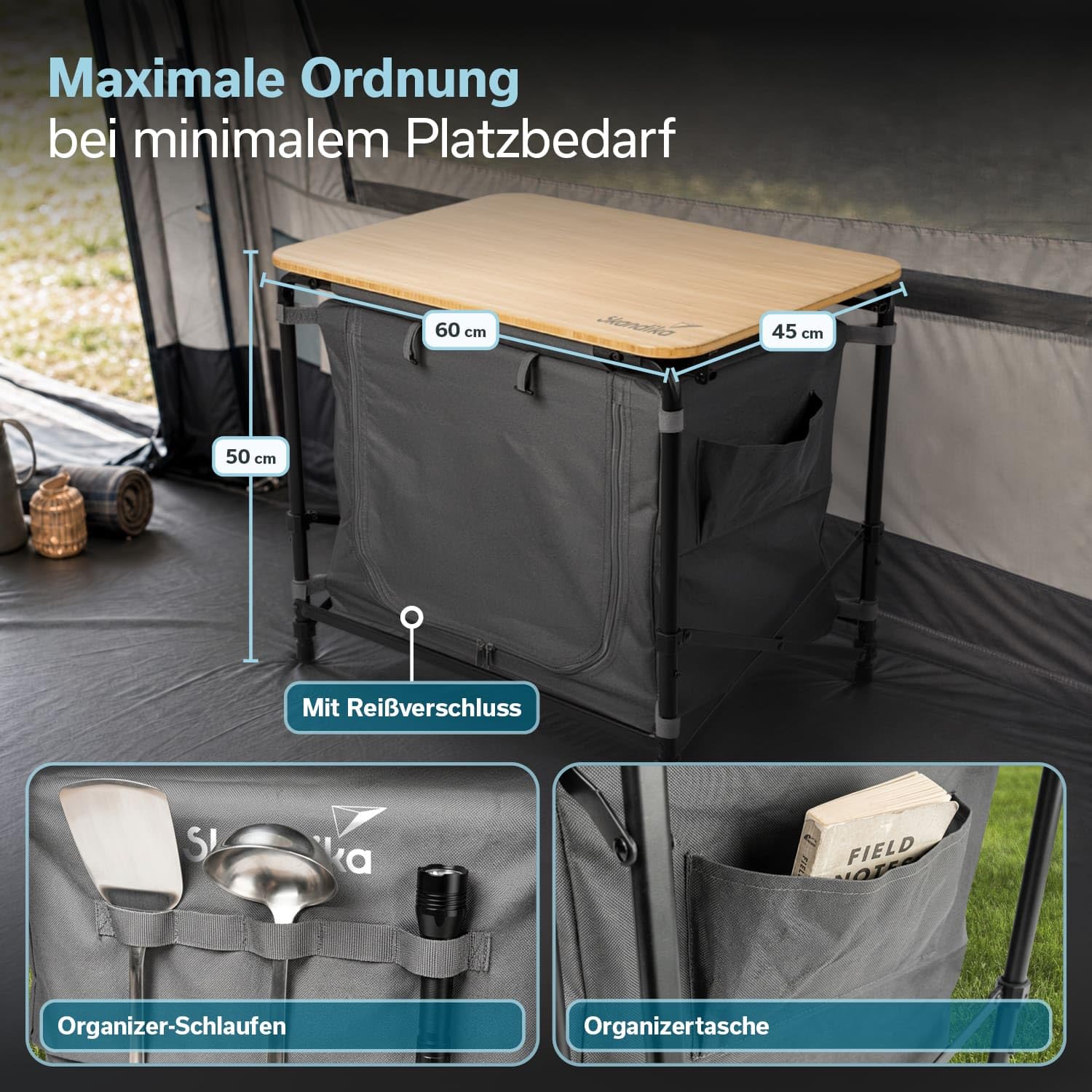 Skandika Campingschrank Skogard | 3-in-1 Design, Bambus Arbeitspatte, Outdoor Schrank faltbar, 2 Einlegeböden, Tragetasche | Klapptisch kompakt, Campingküche, Outdoor Küche, Camping Zubehör, Zelt