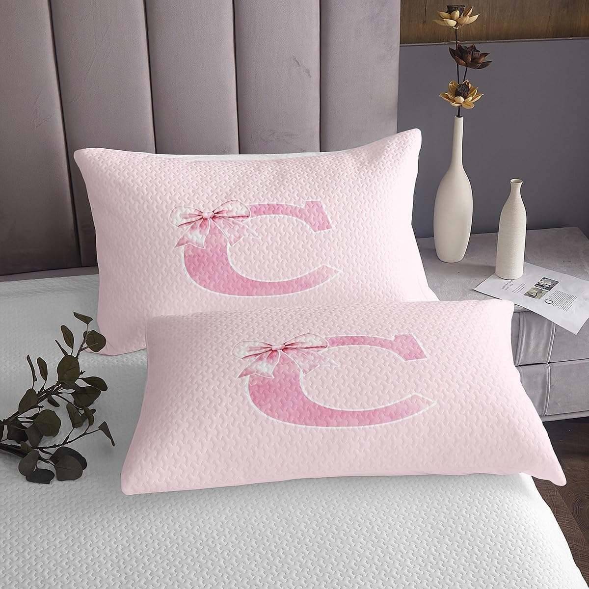 Erosebridal Initial Pink Bowknot Coverlet Set Queen,Coquette Monogrammed Bedspread Set,Initial Letter C Birthday Gifts Bed Sets for Her,Girly Unique Preppy Bedroom Room Decor for Women Teen Girls(C)