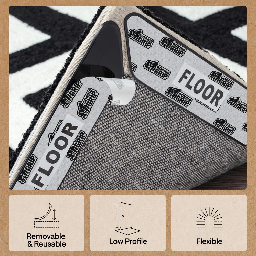 GORILLA GRIP® Almohadillas de agarre para alfombras, adhesivos reutilizables de doble cara extra largas que mantienen las esquinas planas de las alfombras, agarra suelos de madera dura, azulejos y