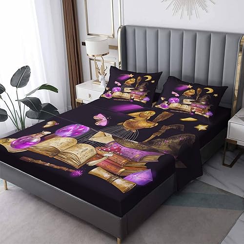 Sábanas de bruja tamaño matrimonial  Sábanas de bruja para niños y niñas, juego de sábanas de brujería, microfibra suave y bolsillo profundo y