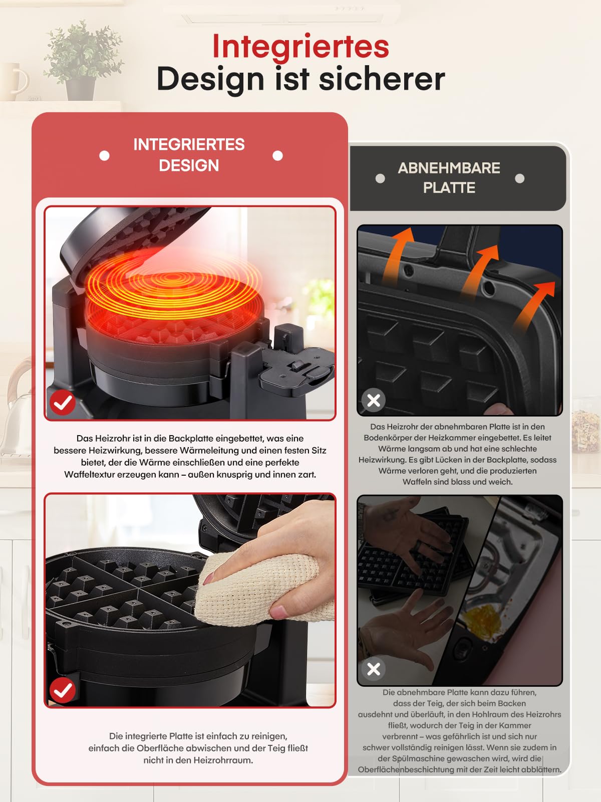 Waffeleisen 1400W Doppeltes Belgisches Waffeleisen 180° Drehung, 8 Scheiben in 3 Min., Antihaft-Platten, Anti-Verbrennungsschutz, Abnehmbare Auffangschale Einfach zu Reinigen, Waffle Maker