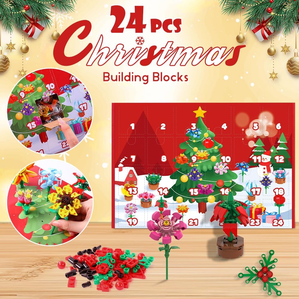 JOICEE Flowers Building Blocks Set Advent Calendar 2025, 24 Days of Botanical Building Blocks Christmas Countdown Calendar for Boys Girls Party Favors Toys Gift