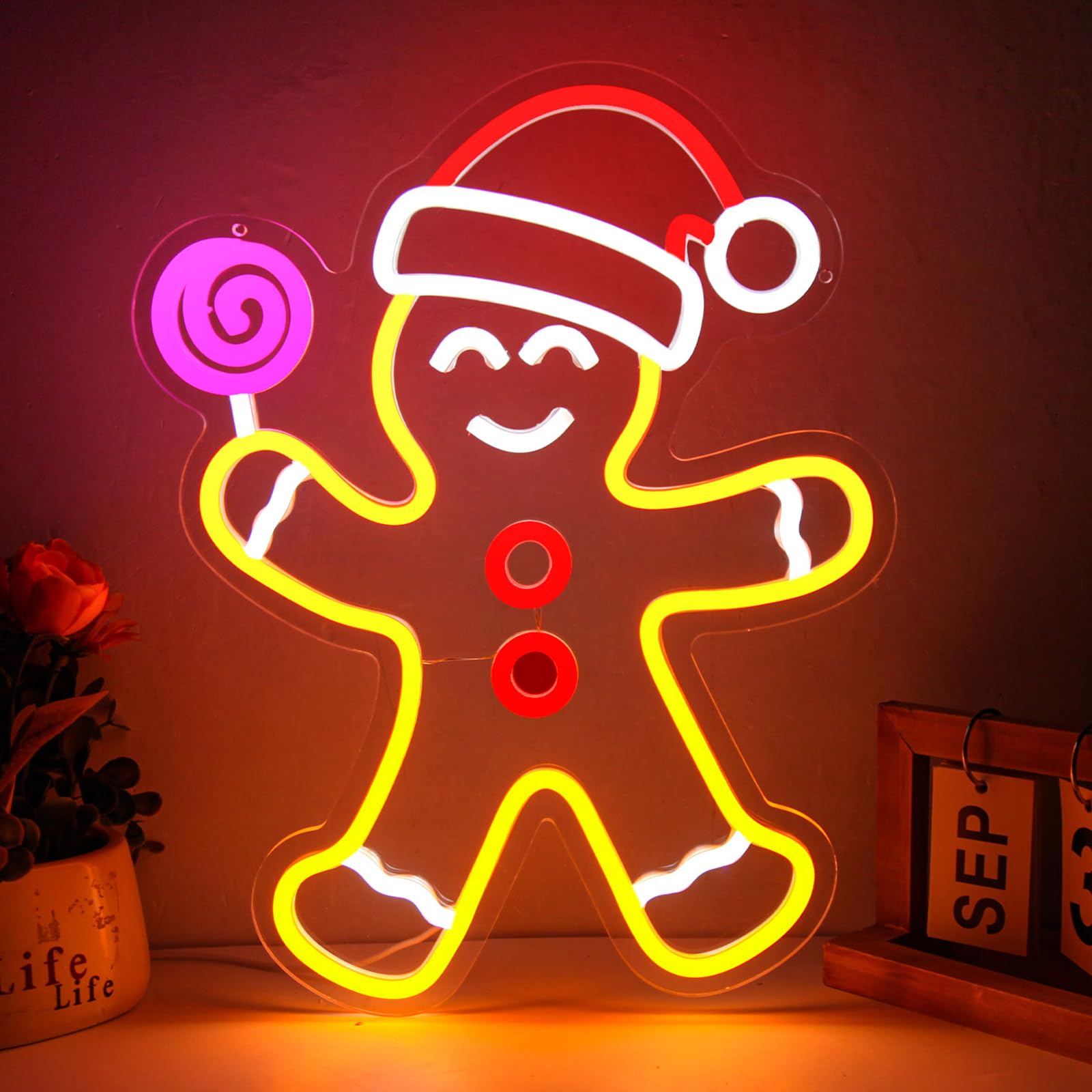 Panneau néon bonhomme en pain d'épice déco murale Noël lumineuse intérieur